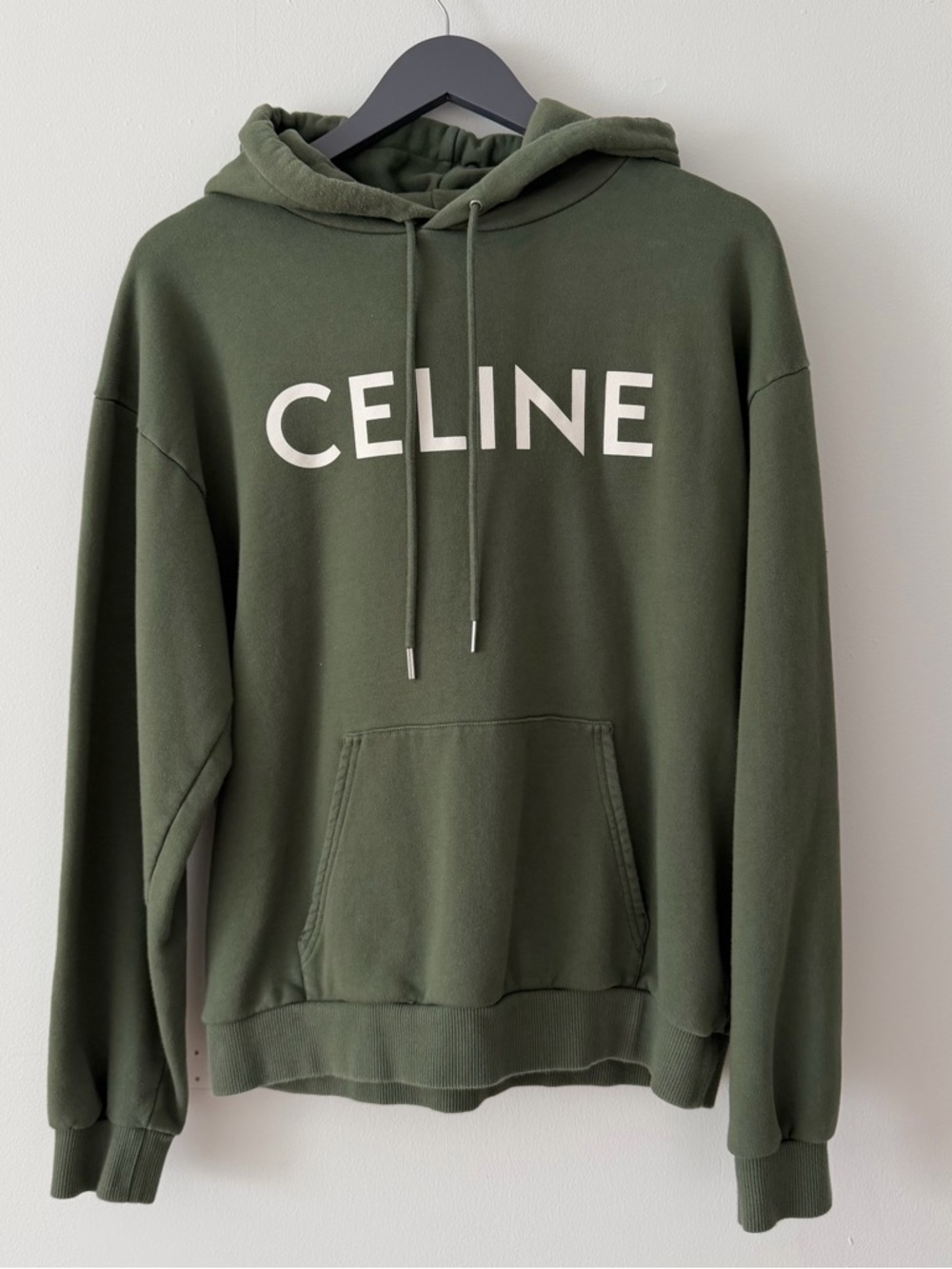 Celine Cotton Fleece Logo Hoodie in Olive Green